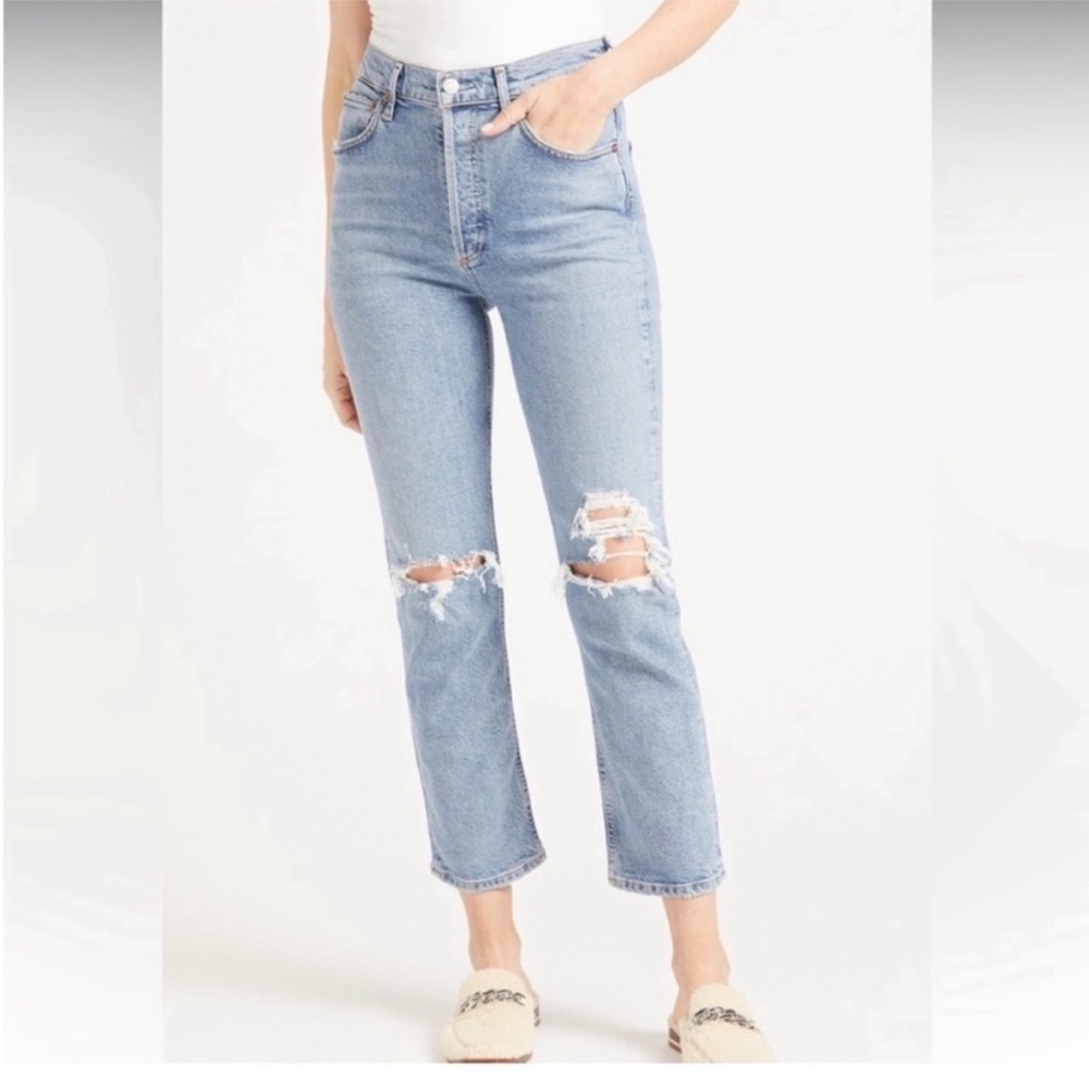 AGOLDE Riley 90s High Rise Straight Crop Distressed Button Fly Jeans size 27 EUC - Picture 2 of 5